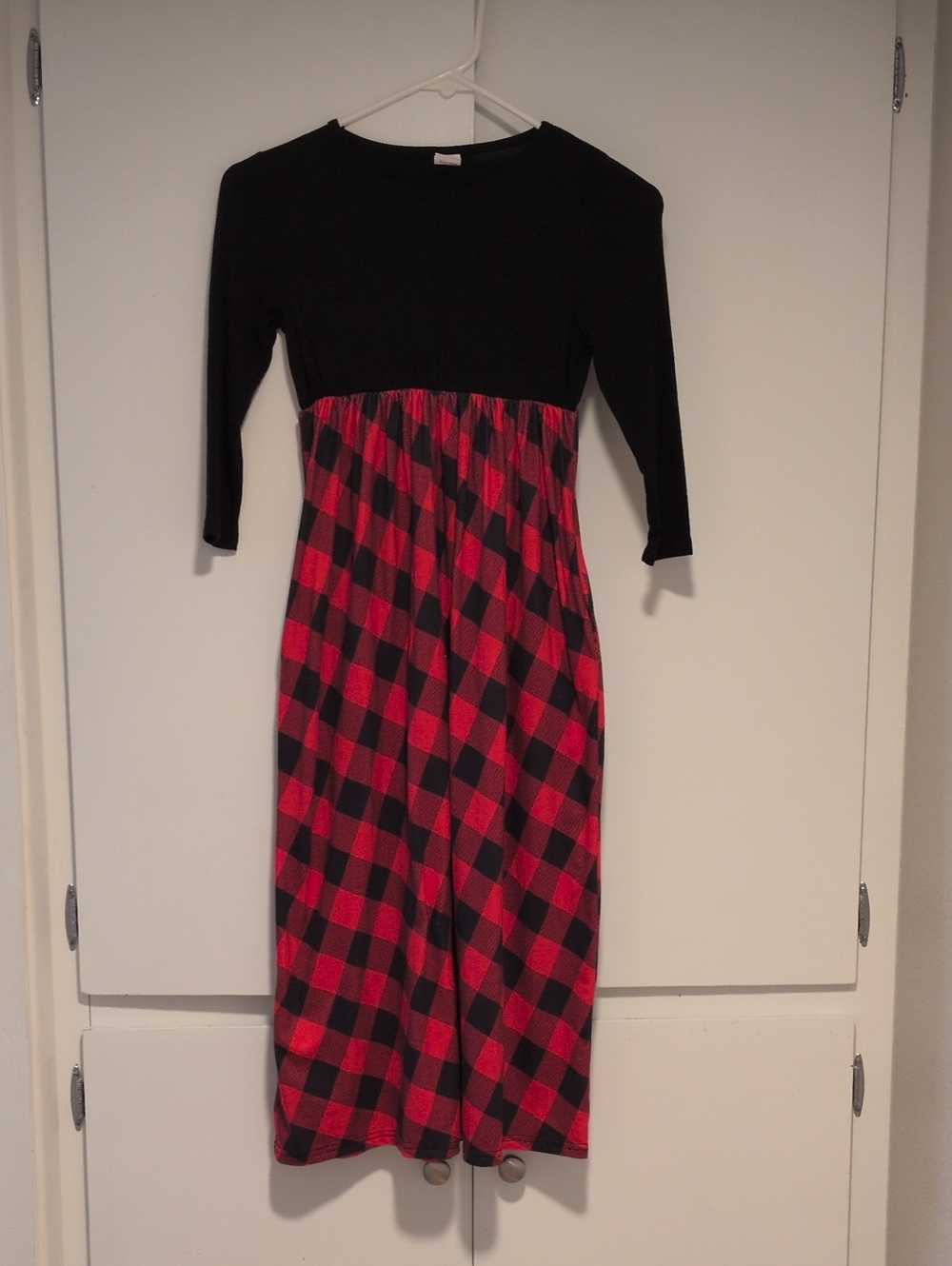 Long Sleeve Black Top with Red Plaid Midi Dress